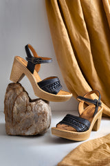 black wooden heel sandal