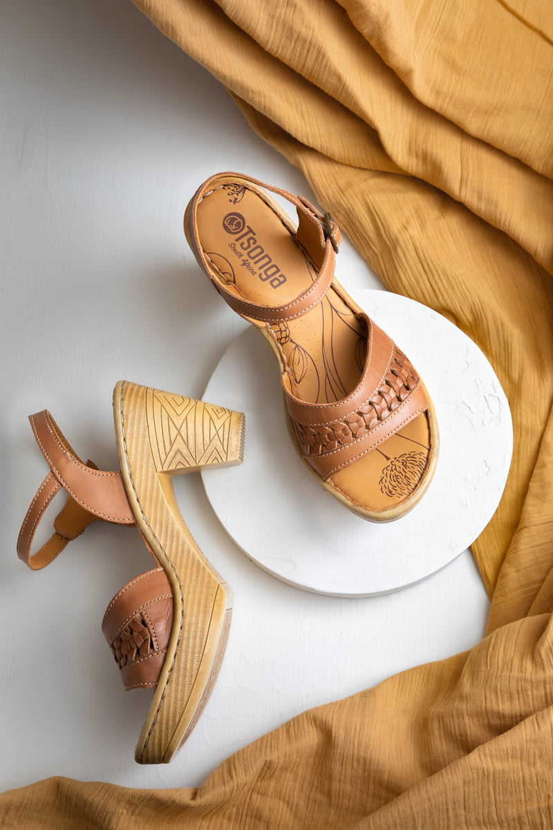 Tan wooden block heel sandal
