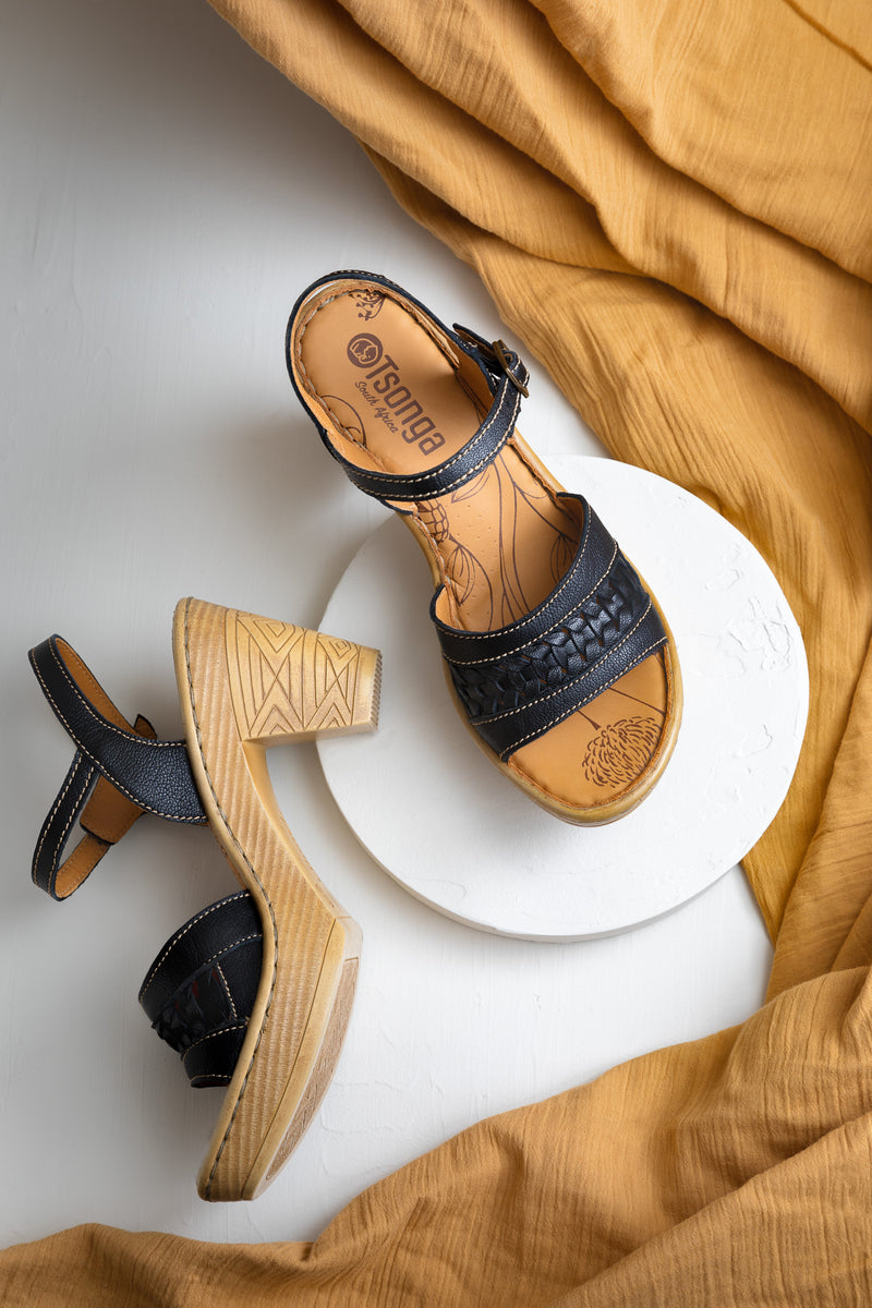 black wooden heel sandal